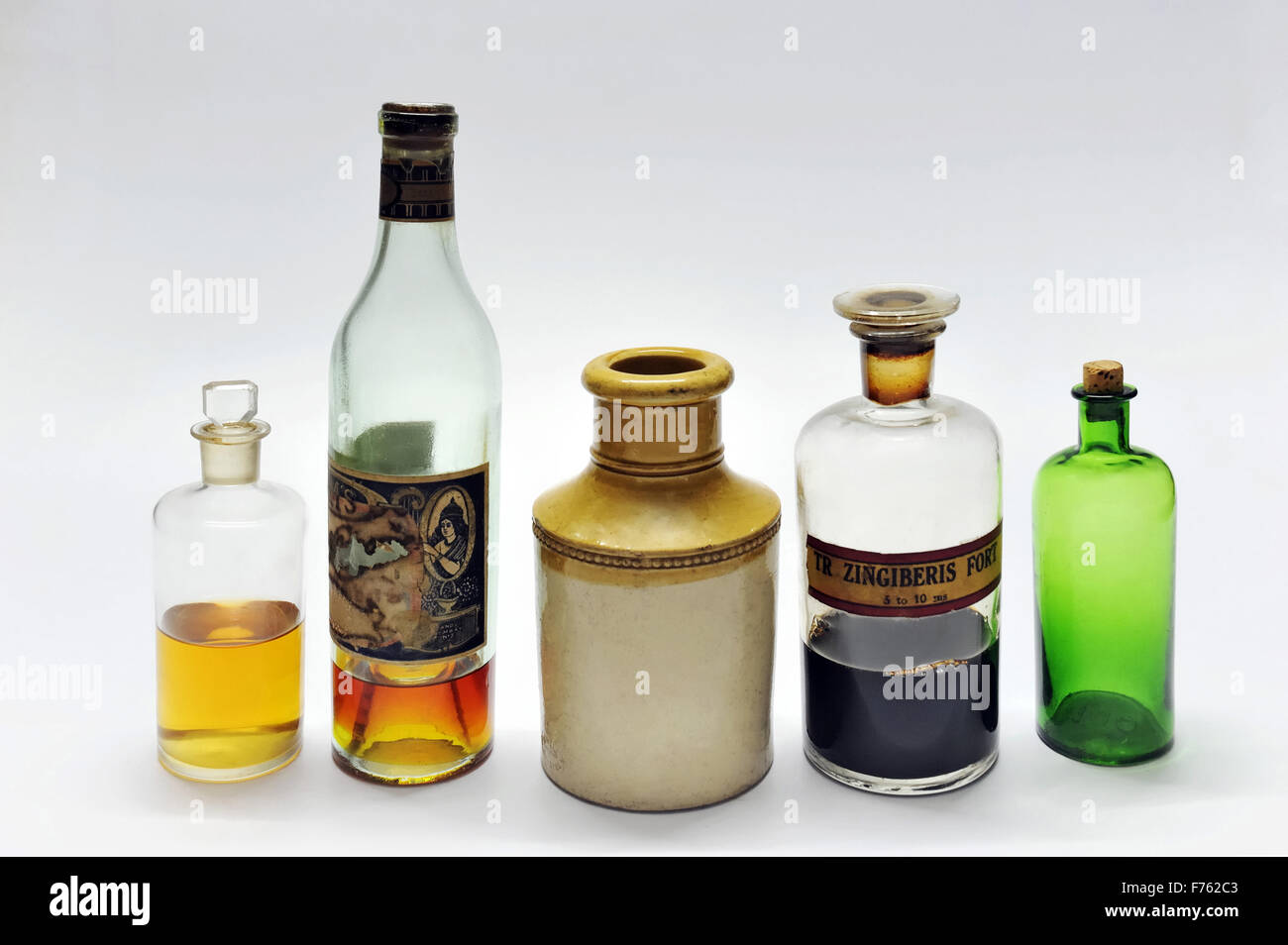 glass bottles, old bottles, antique bottles, vintage bottles, Zingiberis bottle, medicine bottles Stock Photo