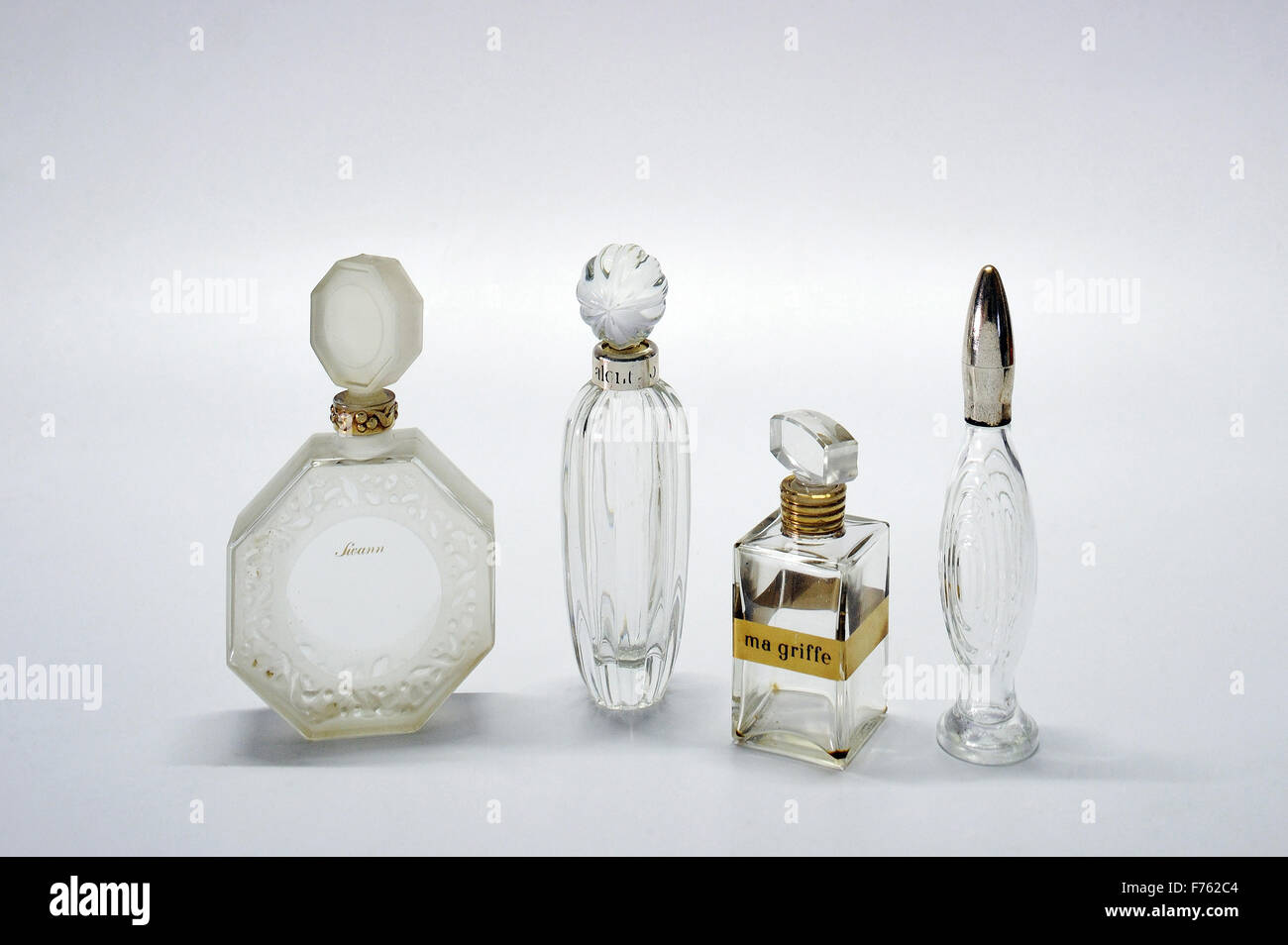 glass bottles, old bottles, antique bottles, vintage bottles, perfume bottles, ma griffe glass perfume bottle Stock Photo
