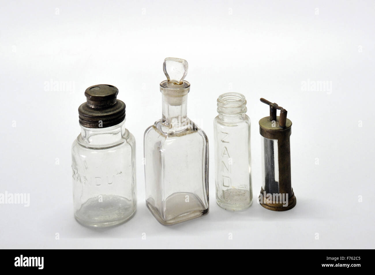 glass bottles, old bottles, antique bottles, vintage bottles, medicine bottles, zandu medicine glass bottles Stock Photo