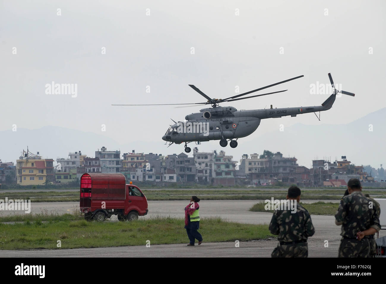 Helicopter landing, tribhuvan international airport, kathmandu, nepal, asia Stock Photo