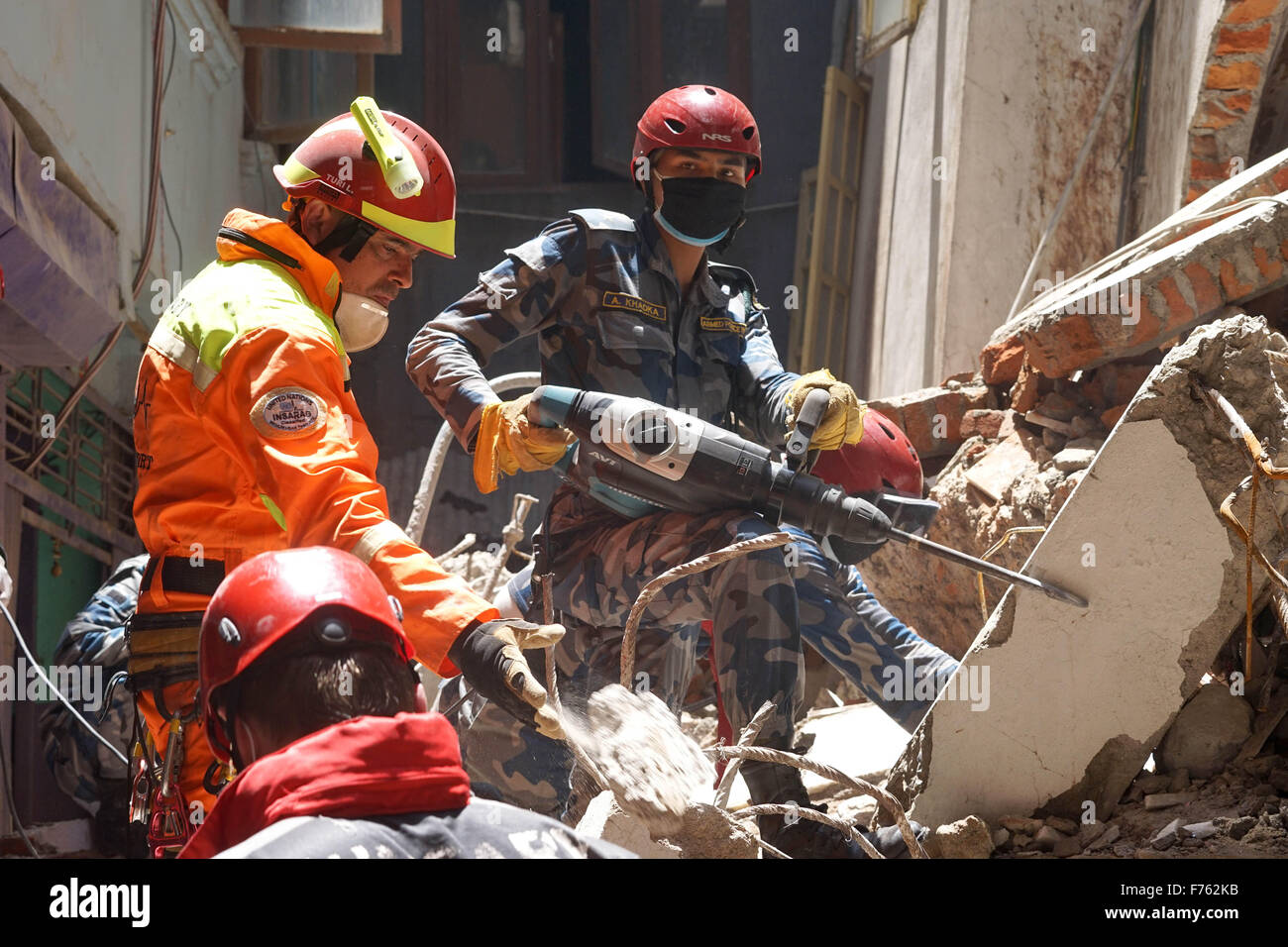 Hungarian rescue personnel search dead bodies, nepal, asia Stock Photo