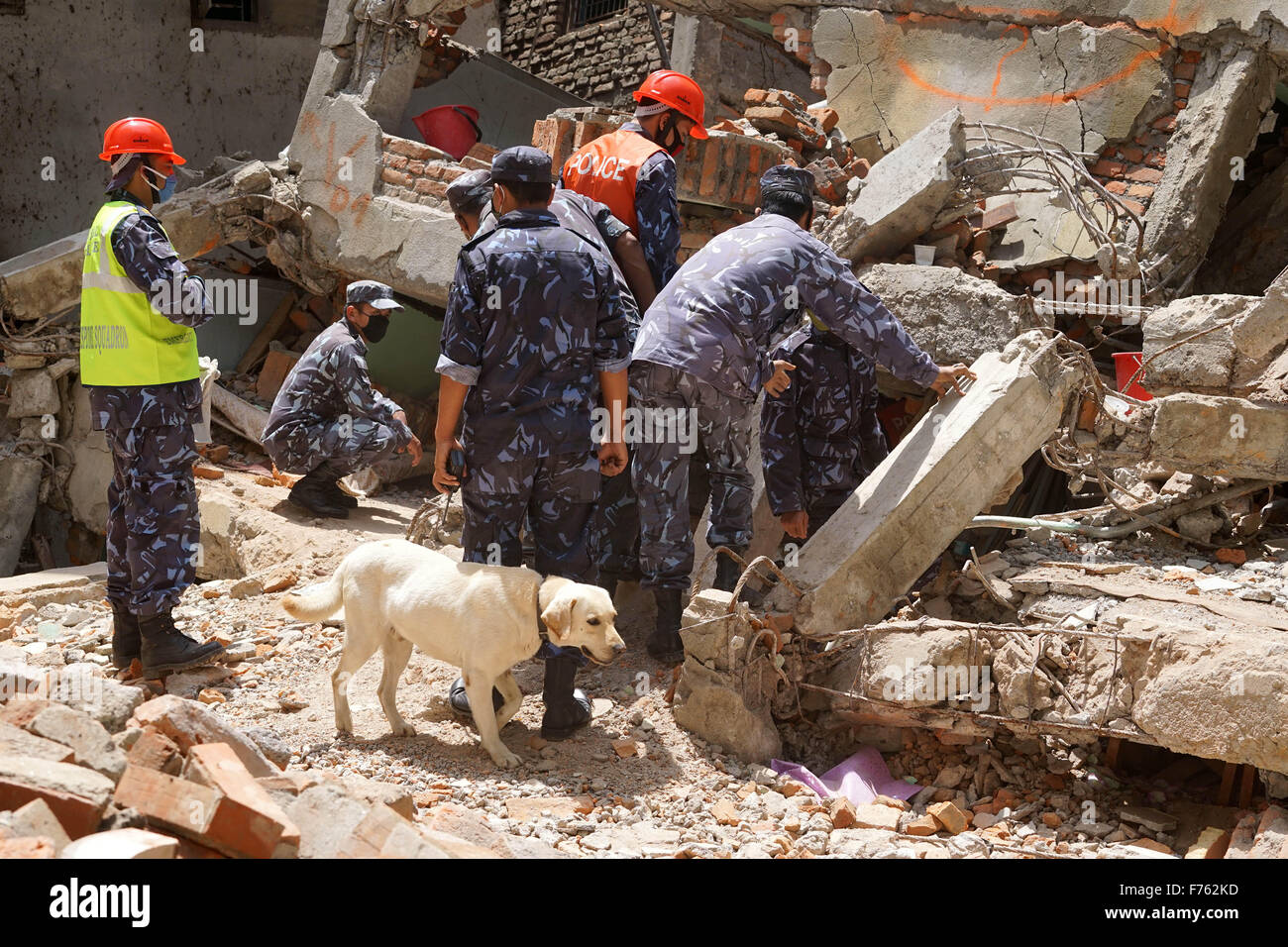 Police personnel search dead bodies, earthquake, nepal, asia Stock Photo