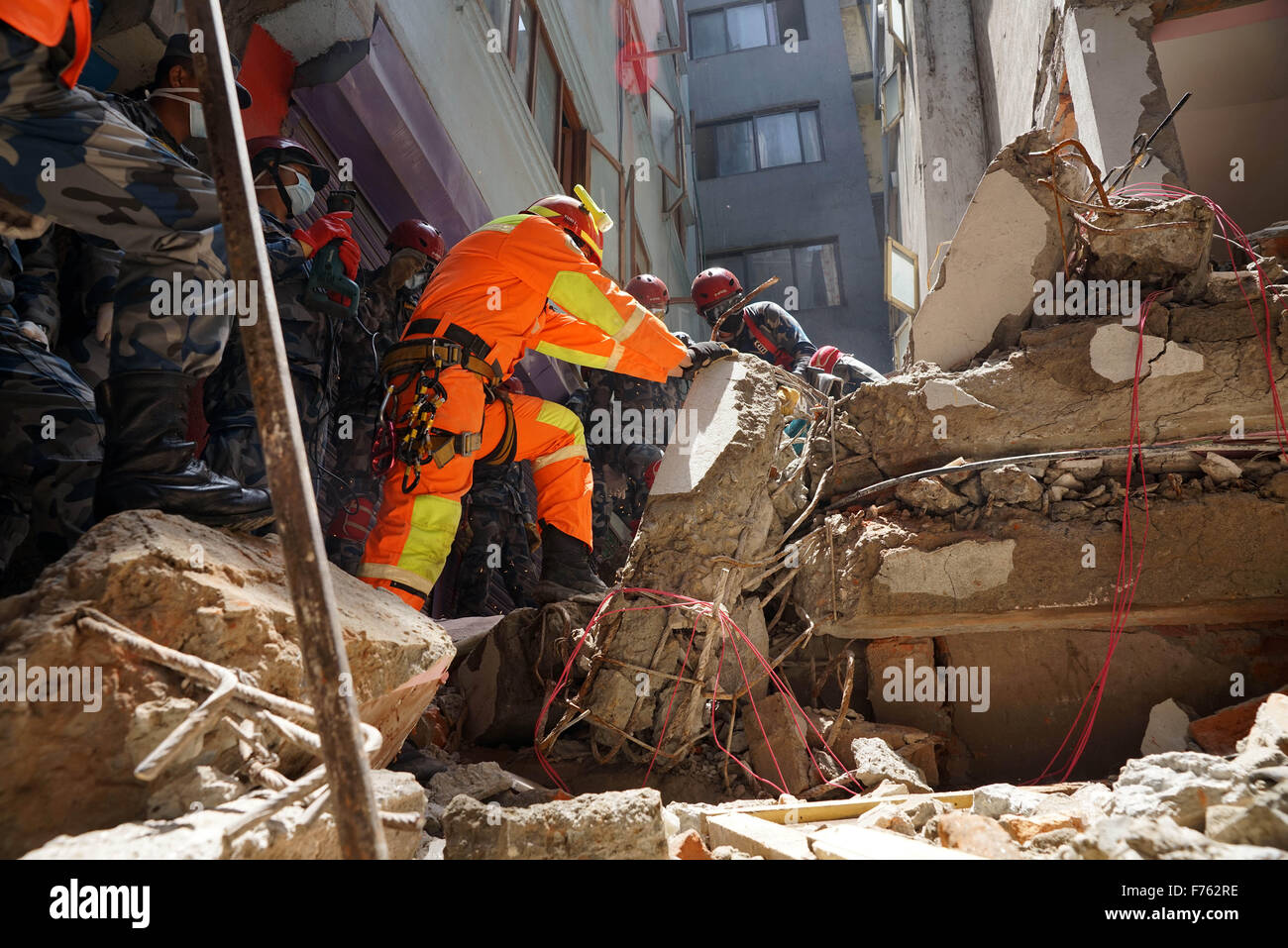 Rescue personnel searching dead bodies, earthquake, nepal, asia Stock Photo