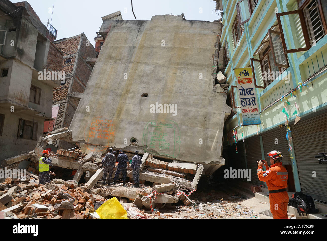 Police personnel searching dead bodies, earthquake, nepal, asia Stock Photo