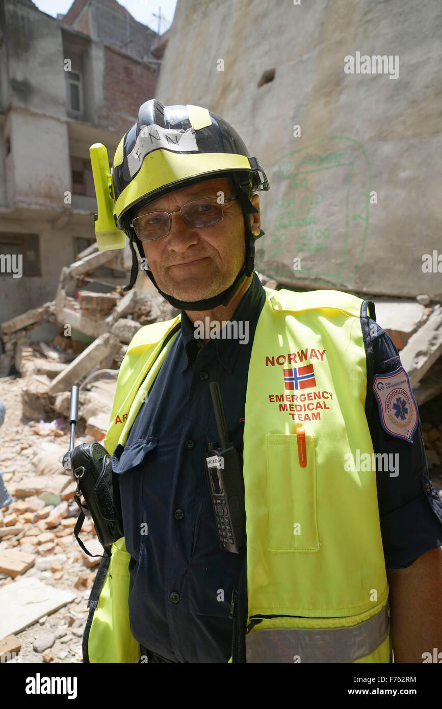 Norwegian rescue personnel collapsed building, earthquake, nepal, asia Stock Photo