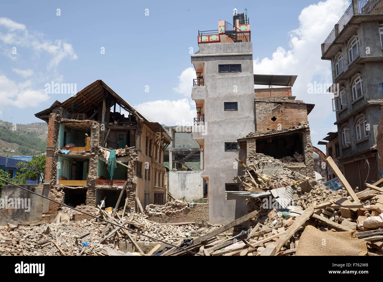 Earthquake, Earthquake Nepal, Gorkha earthquake, earthquake 2015, earthquake damage, earthquake destruction, earthquake debris, asian earthquake, Kathmandu, Nepal, Asia, residential building collapse Stock Photo