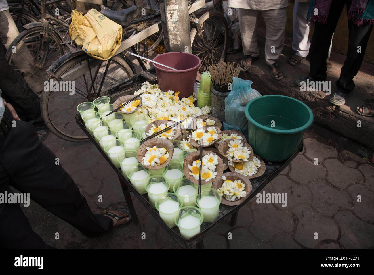 milk and flowers vendor stall, govardhan temple, mathura, uttar pradesh, india, asia Stock Photo