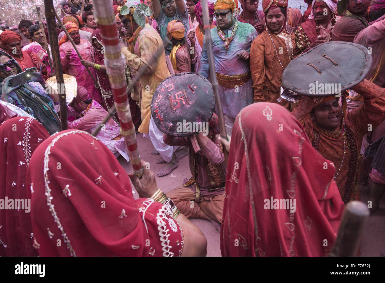 People celebrating holi festival, mathura, uttar pradesh, india, asia Stock Photo
