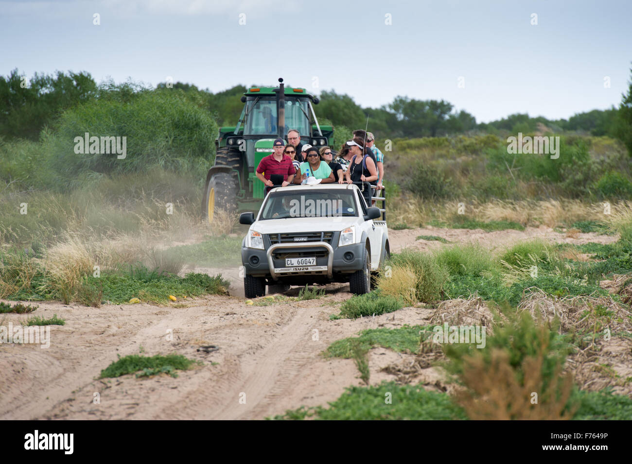 People sightseeing while riding in the back of a pickup truck in South Africa Stock Photo