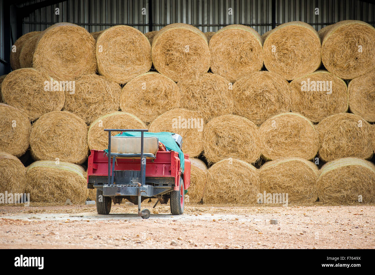 red wagon near stacks of baled hay on a farm in South Africa Stock Photo