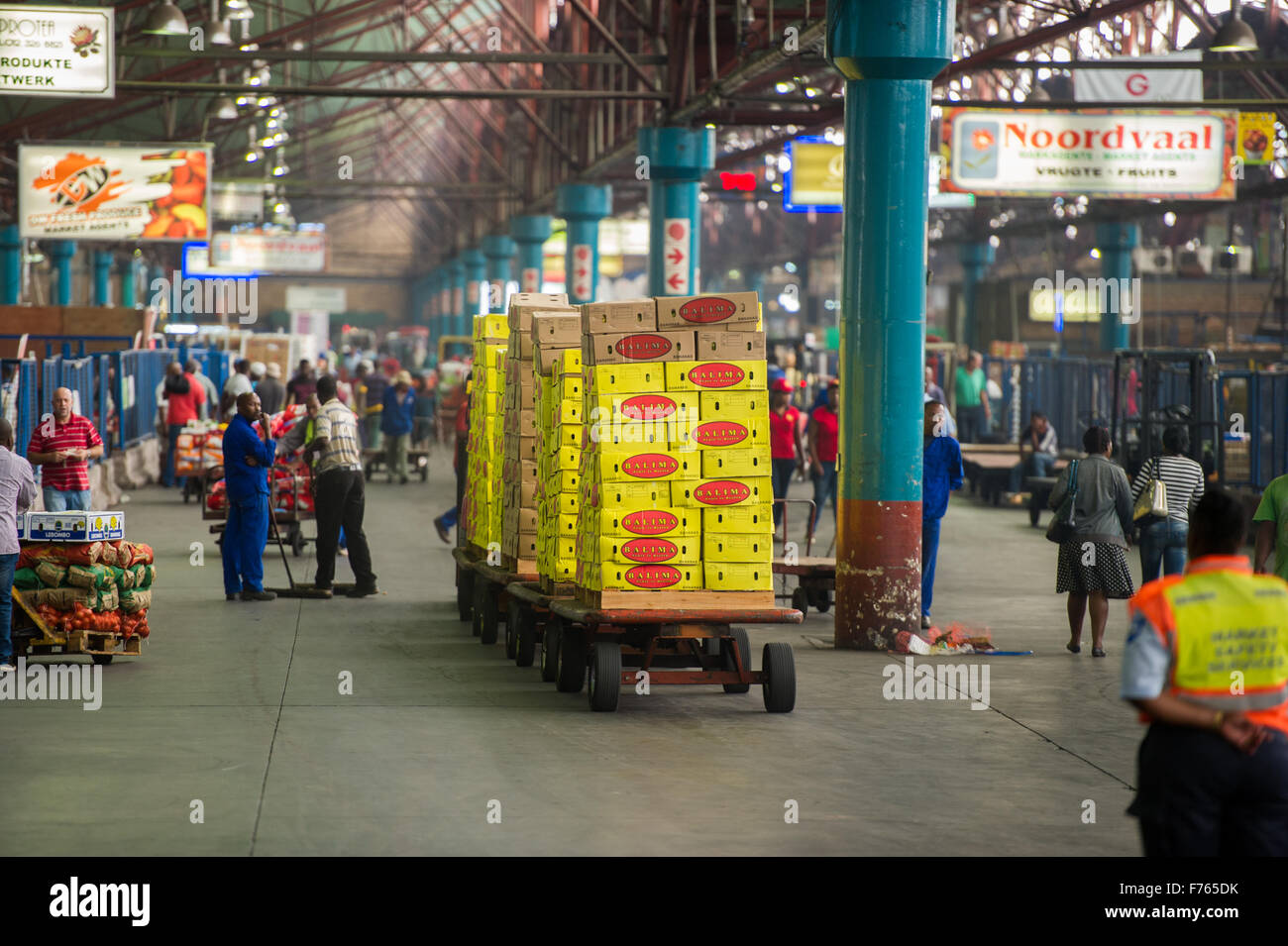 Carats stacked with boxes of produce at the Tshwane Fresh Produce Market in South Africa Stock