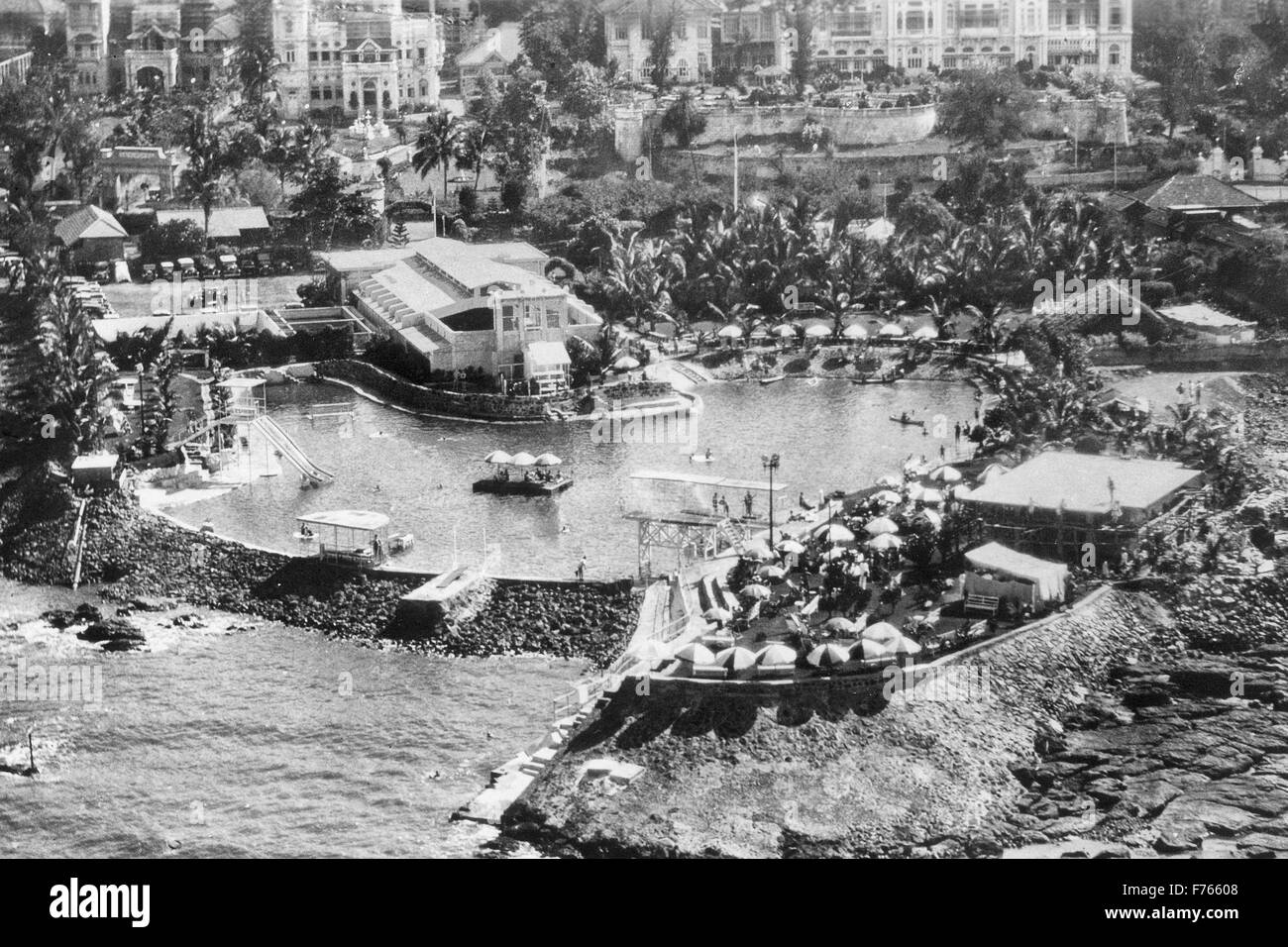 Breach Candy Club, aerial, Breach Candy Swimming Bath Trust, Breach Candy, Warden Road, Bhulabhai Desai Marg, Bombay, Mumbai, Maharashtra, India, Asia, old vintage 1900s picture Stock Photo