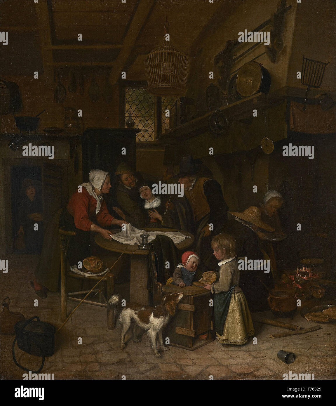 https://c8.alamy.com/comp/F76829/jan-steen-a-scene-in-a-peasant-kitchen-with-a-servant-laying-the-cloth-F76829.jpg