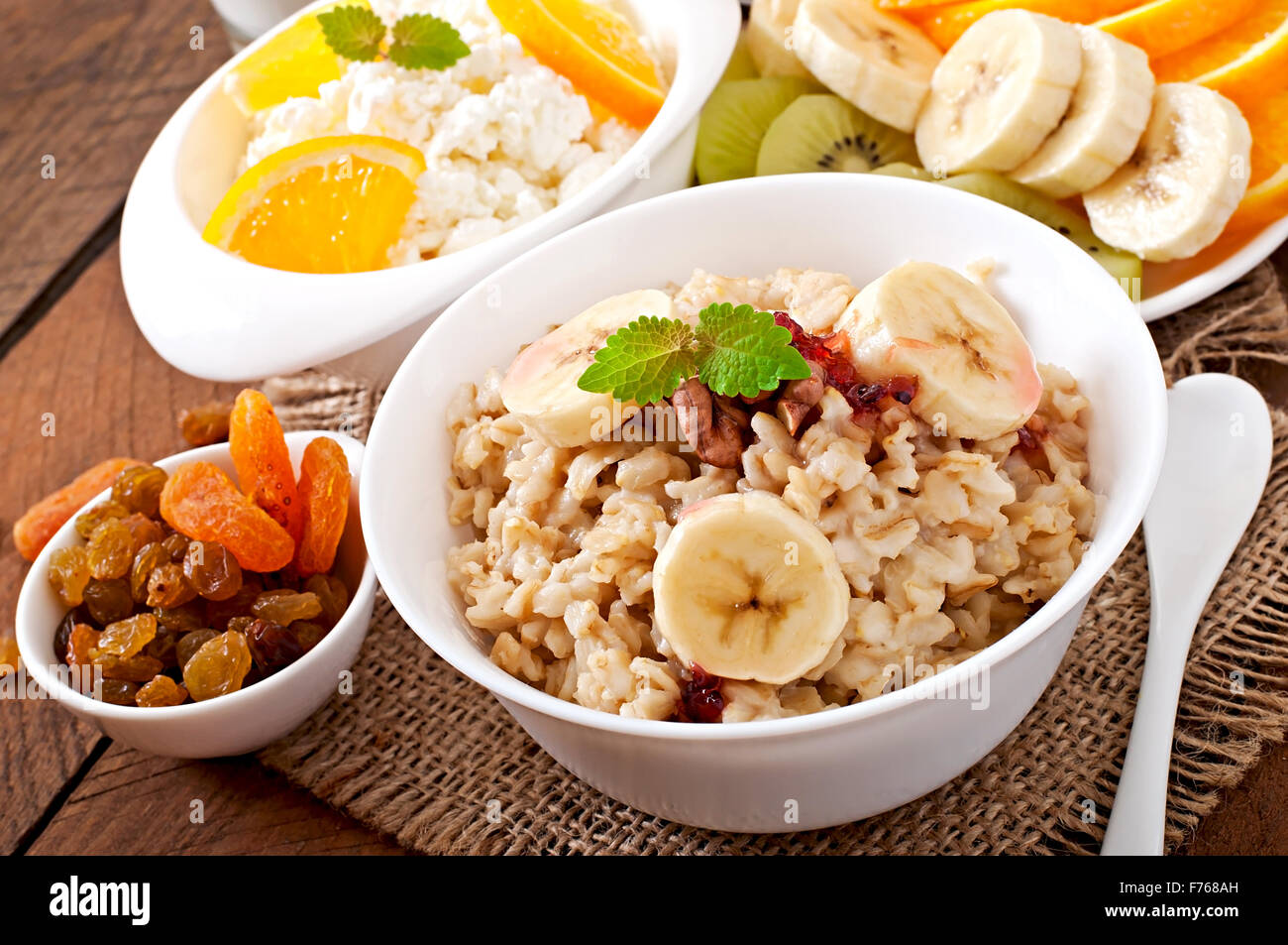 Healthy Breakfast Oatmeal Cottage Cheese Milk And Fruit Stock