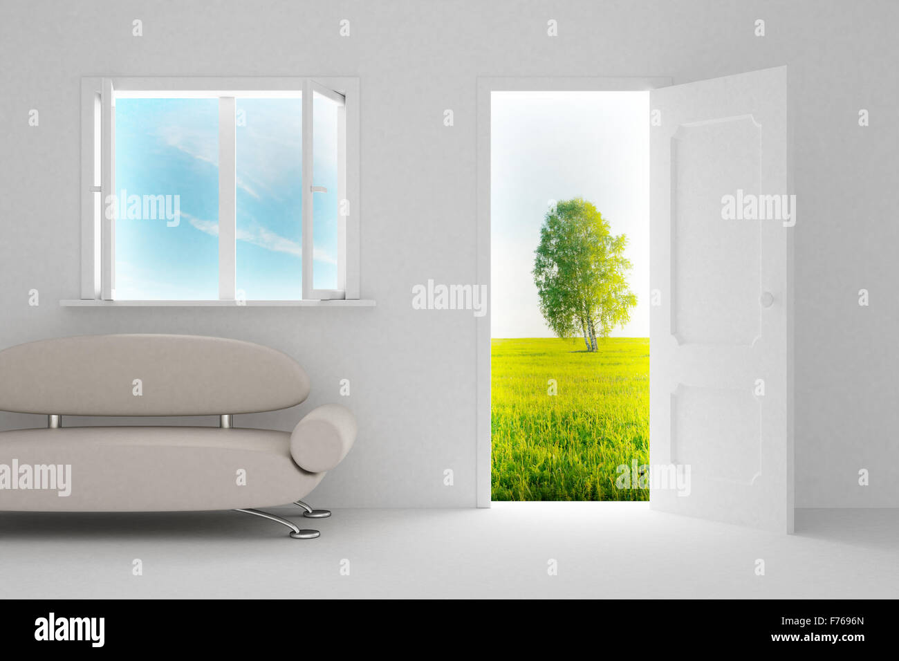 Landscape behind the open door and window. 3D image Stock Photo