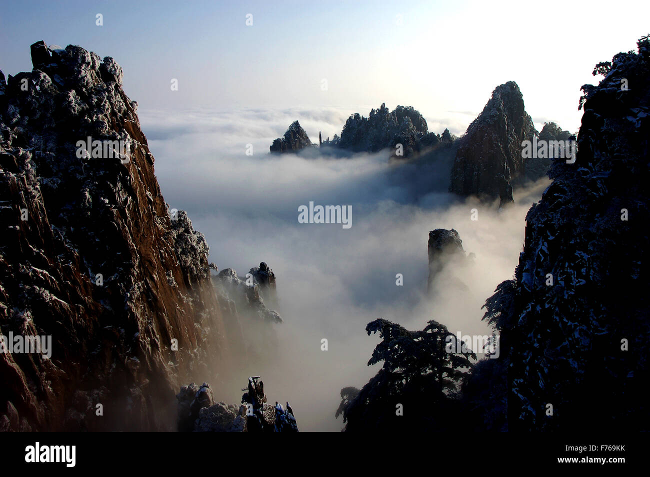 snow and ice covered mountains in Huangshan,China Stock Photo