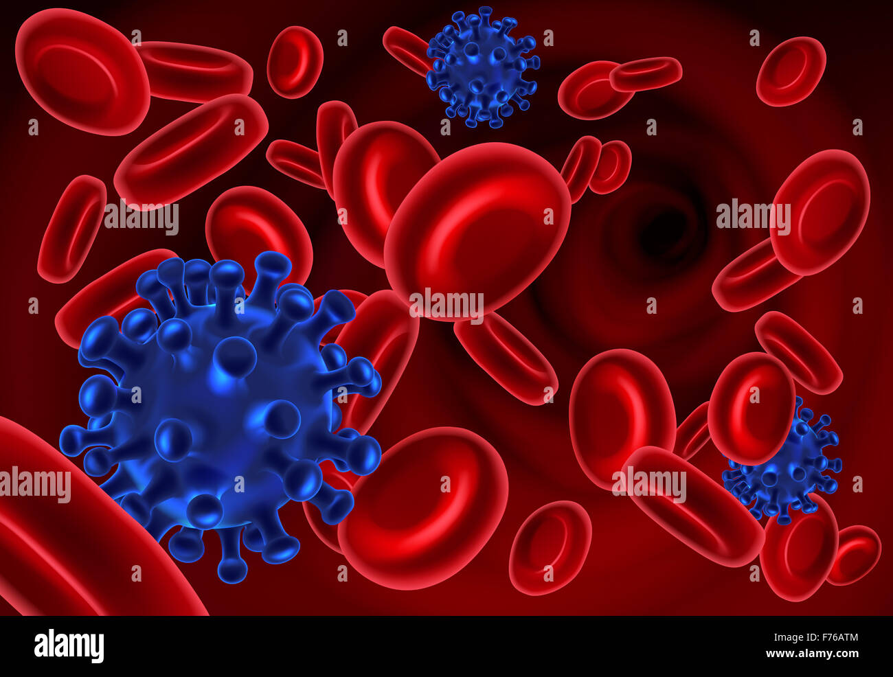 A conceptual illustration of Virus or bacteria and red Blood Cells Stock Photo
