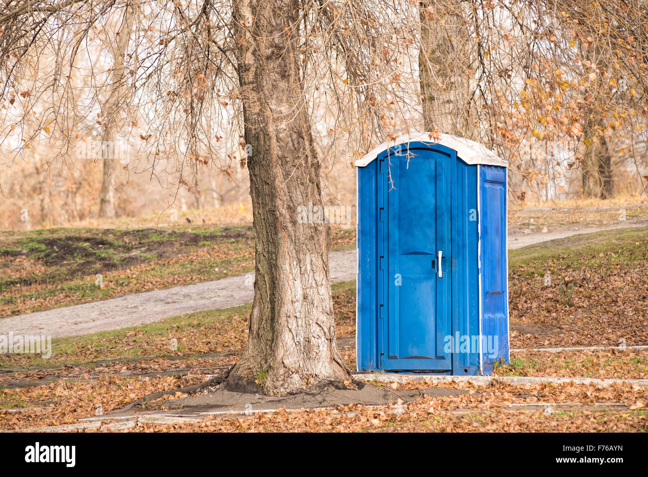 Blue outdoor chemical toilet in the park in winter Stock Photo