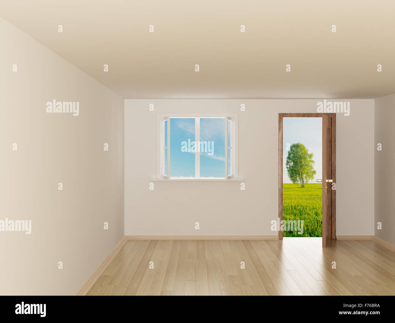 Empty room. Landscape behind the open door. 3D image Stock Photo