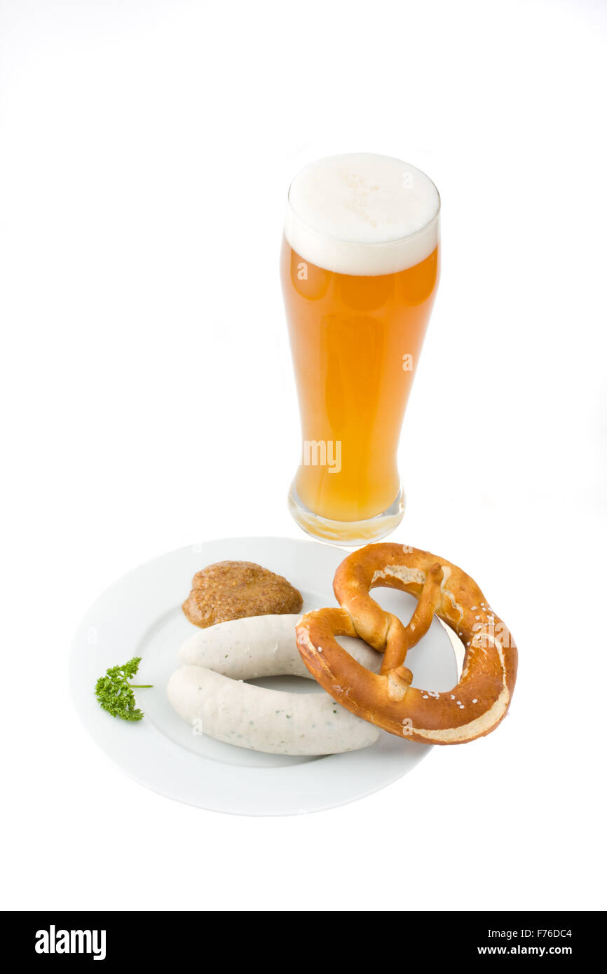 bavarian white sausage, wheat beer and pretzel Stock Photo