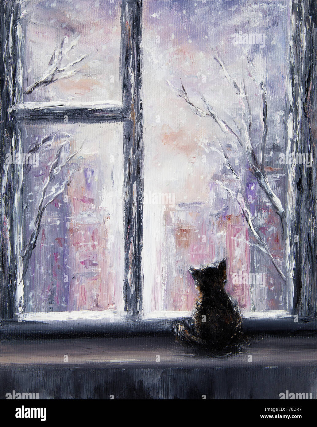 Original abstract oil painting of a domestic cat sitting infront of