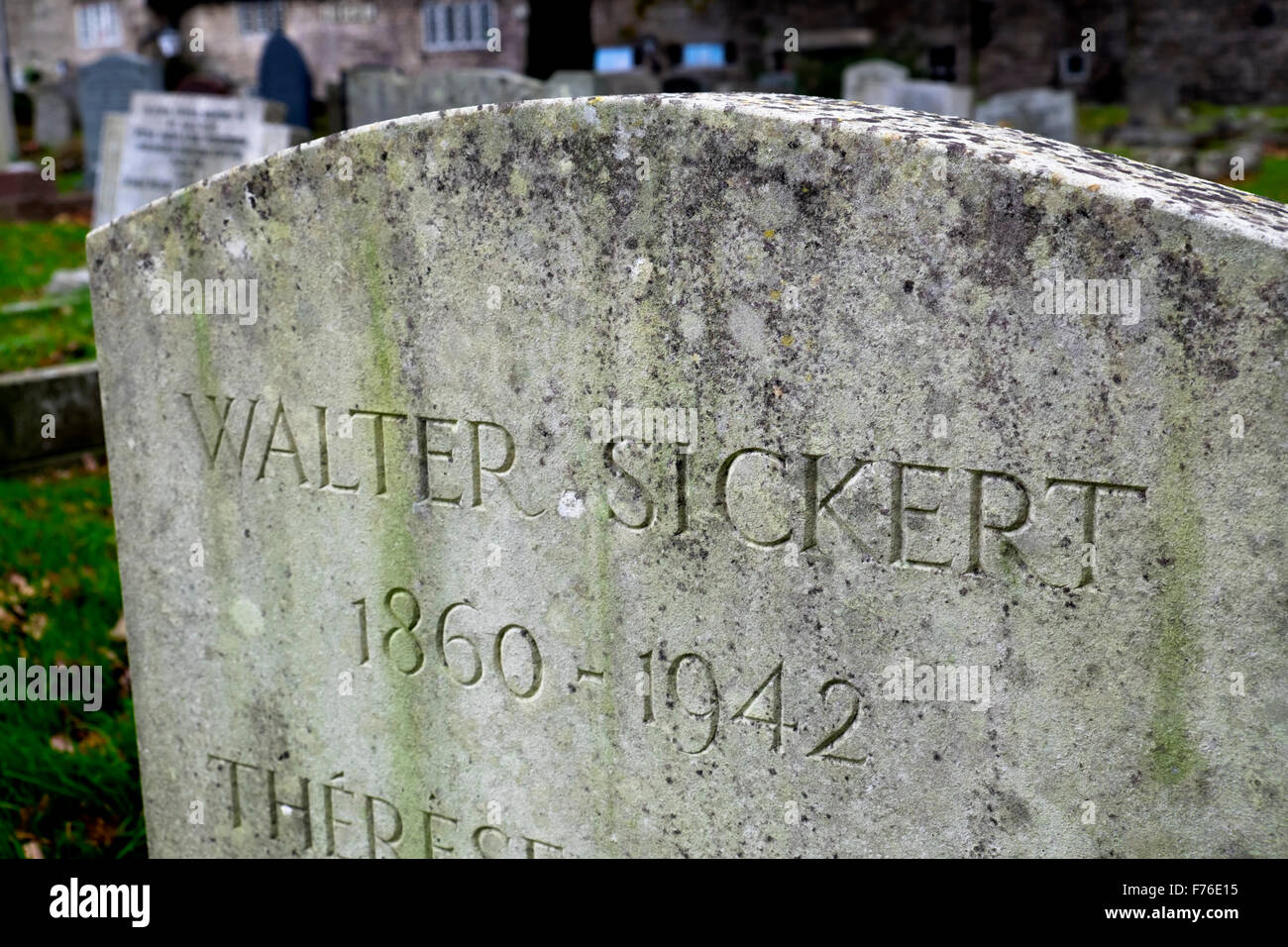 The Grave Stone of Artist Walter Sickert, an alleged Jack the Ripper suspect. Bathamton somerset Stock Photo