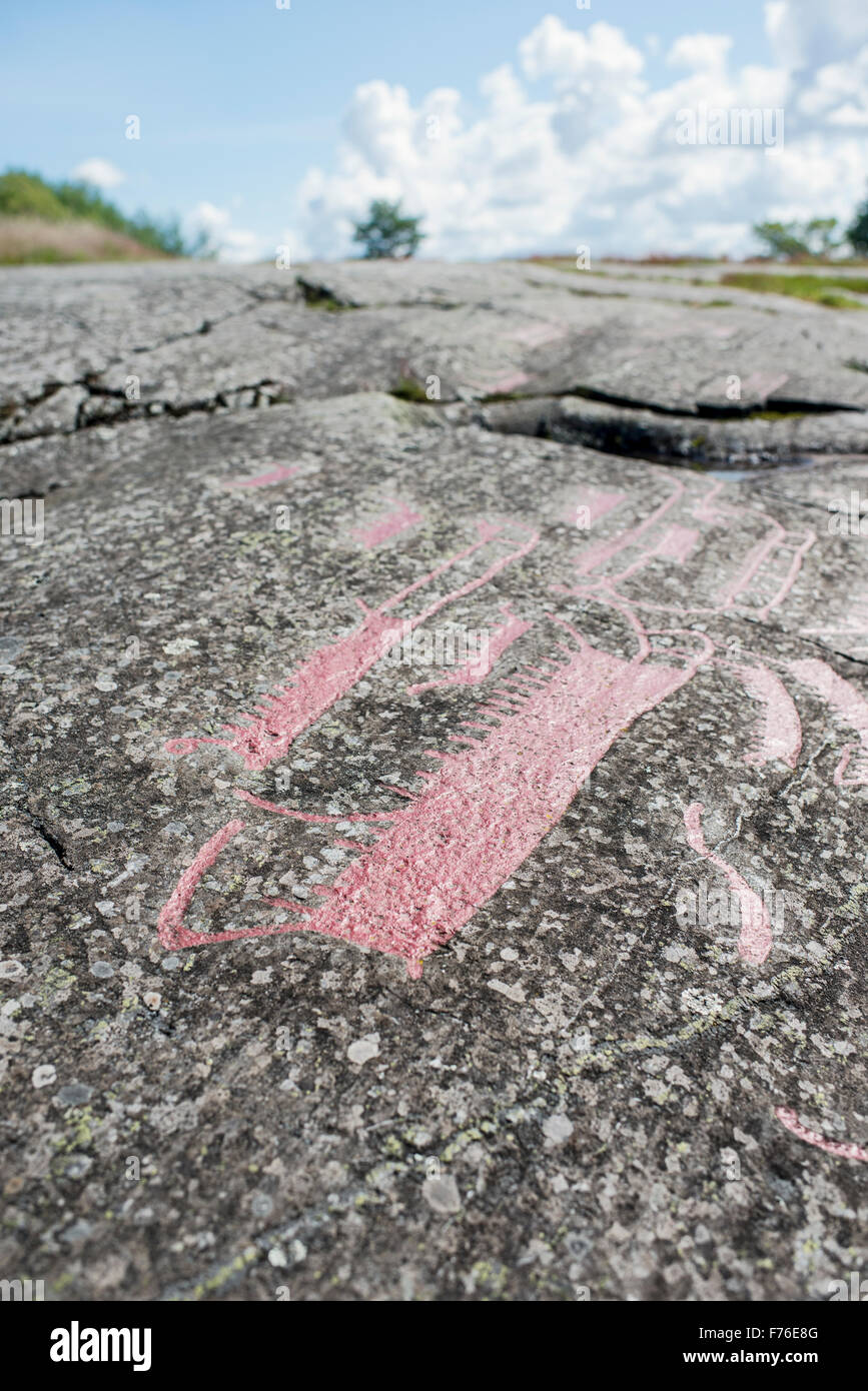 Rock engraving at Himmelstalund one of Sweden's biggest collection of petroglyphs with more than 1660 pictures. Bronze age 1800-500 B.C. Stock Photo