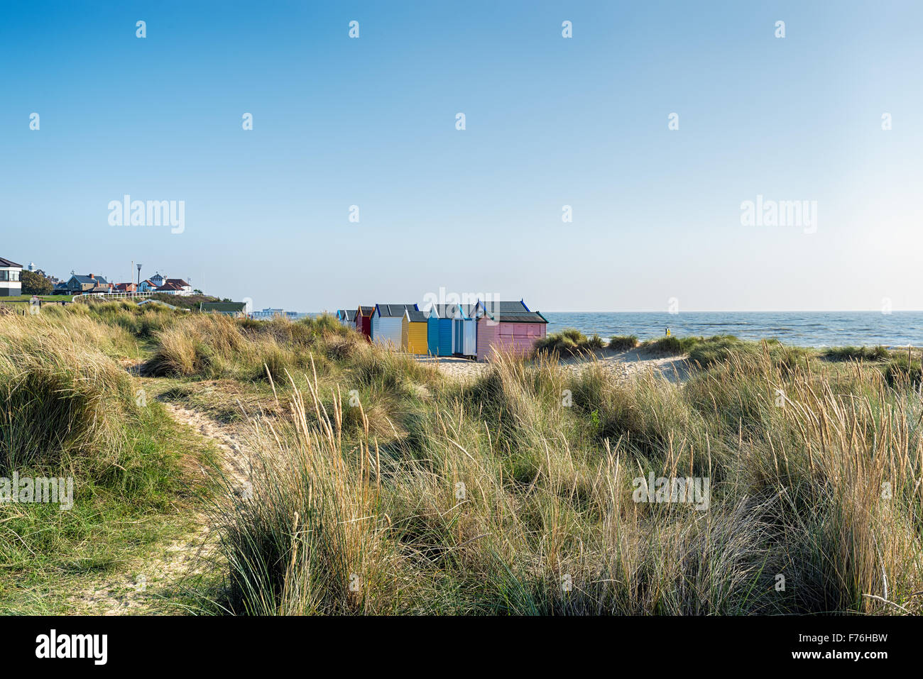 Beach huts and sand dunes at Southwold on the Suffolk coast Stock Photo