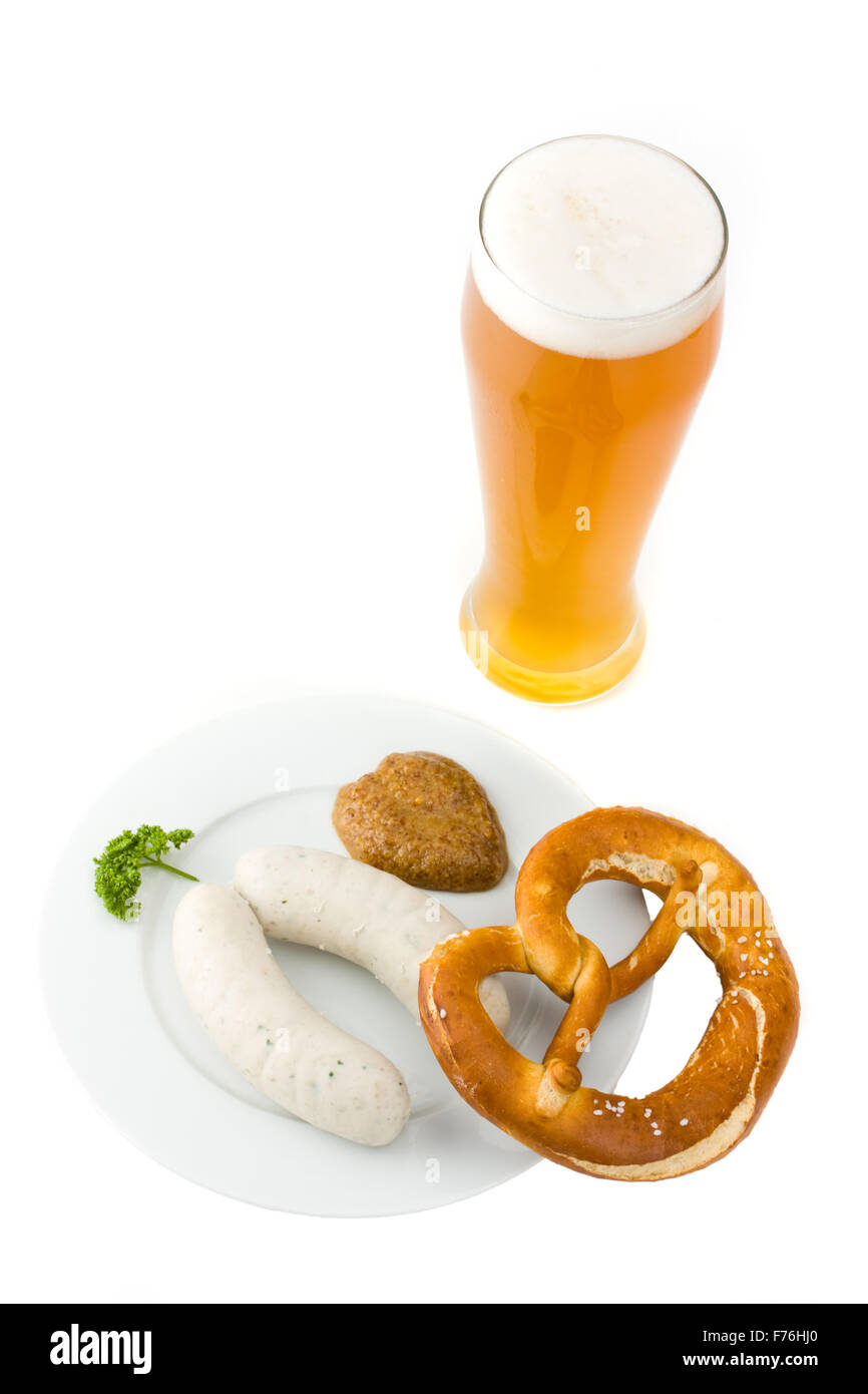 bavarian white sausage, wheat beer and pretzel Stock Photo