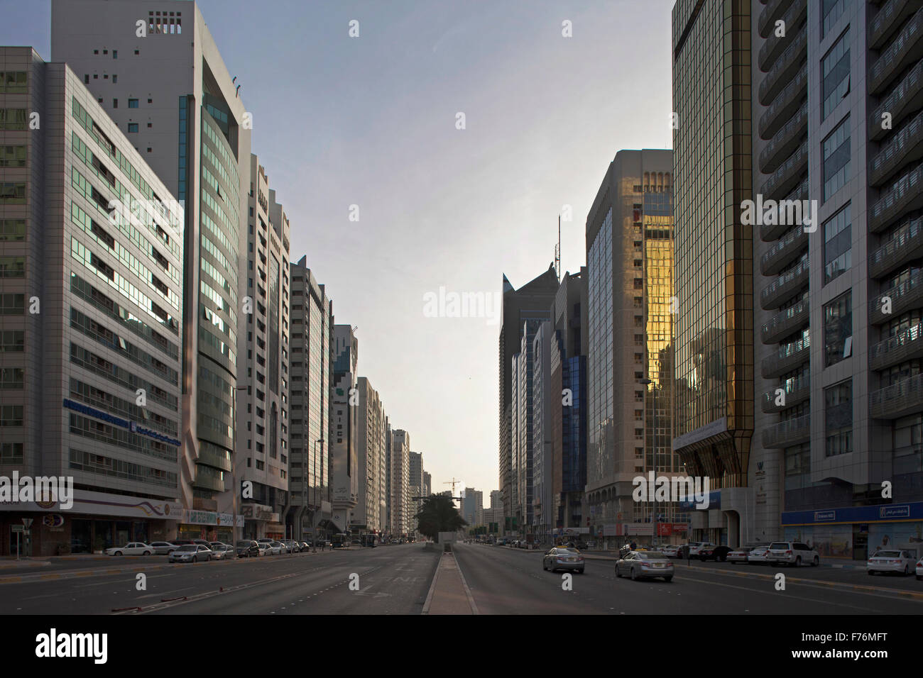 High rise buildings and street, Abu Dhabi Emirate, United Arab Emirates Stock Photo