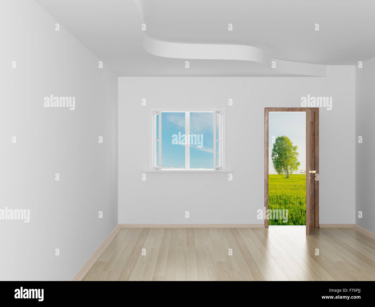Empty room. Landscape behind the open door. 3D image Stock Photo