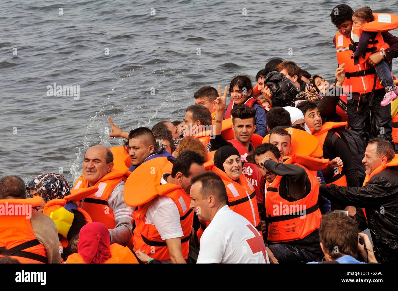 Syrian, Afghanistan and African refugees arriving in Greece in dinghy ...