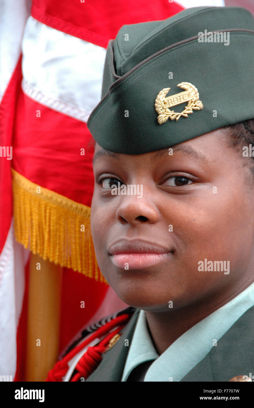 High school JROTC black African american girl in her army uniform during school graduation before going to university ROTC army unit Stock Photo