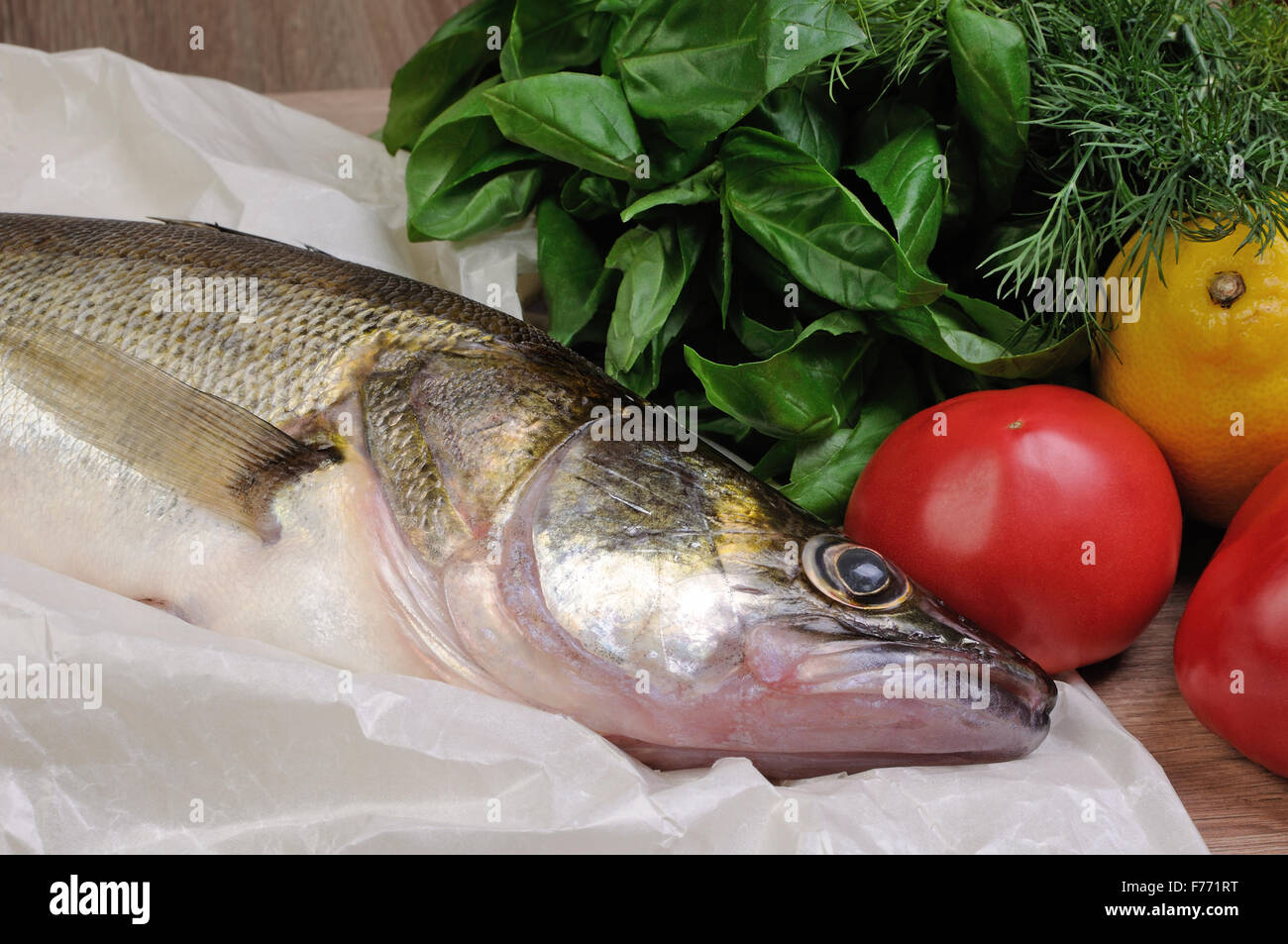 Raw fish pike perch on a paper with basil, tomatoes, dill, lemon Stock Photo