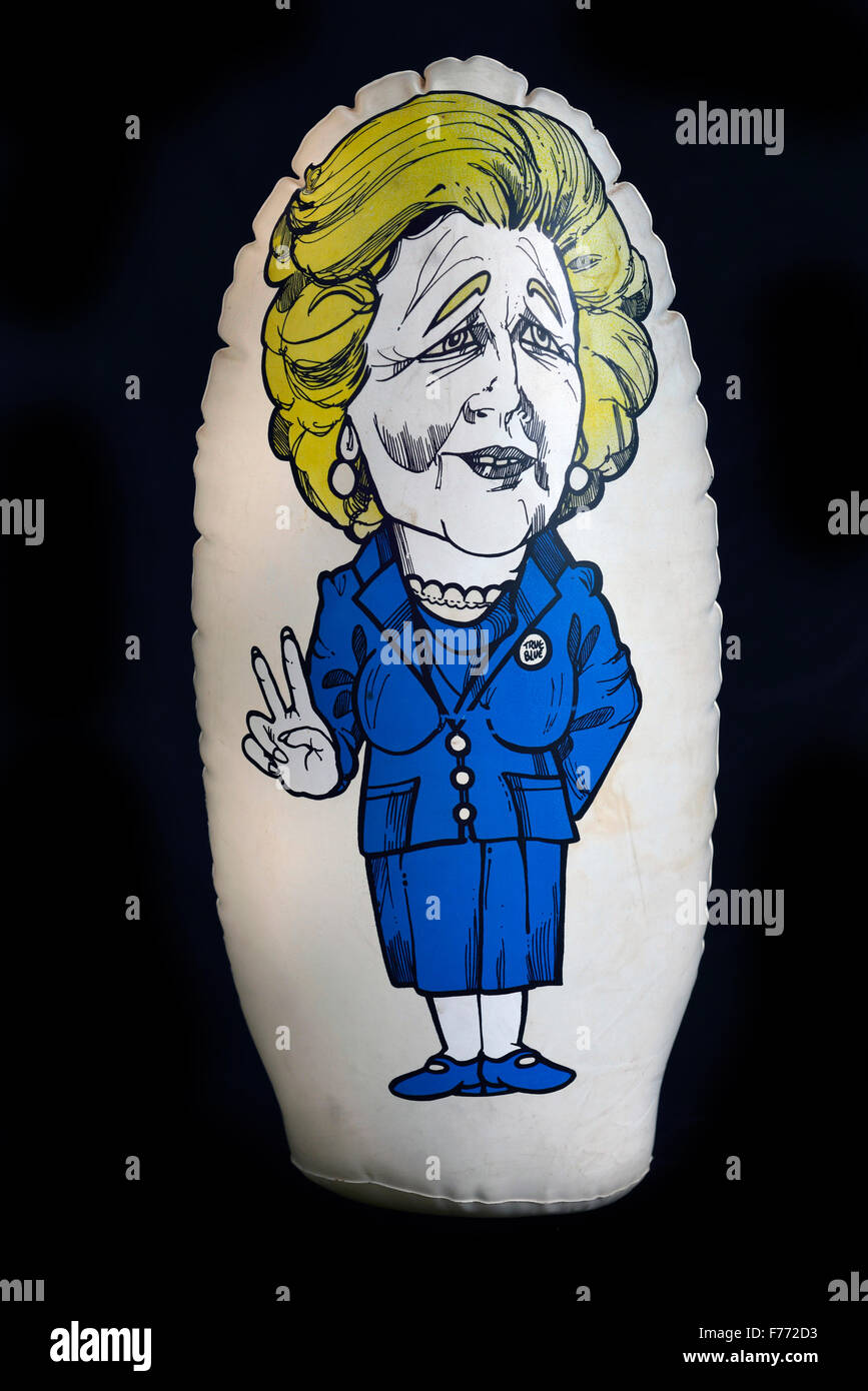 Margaret Thatcher cartoon caricature blow-up doll of the iron lady. circa 1982 Stock Photo
