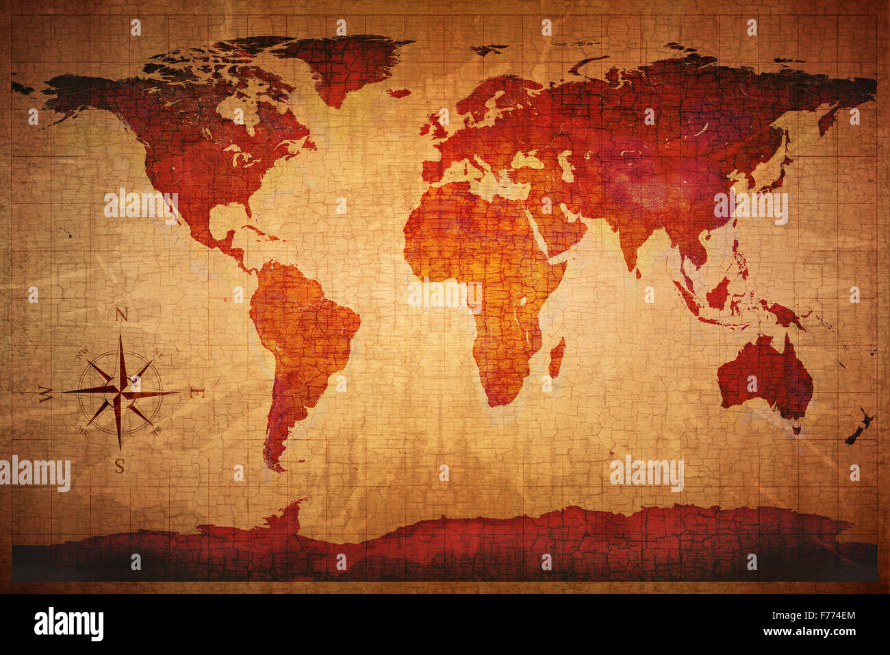 World Map on old grungy antique and yellow cracked paper background (Map derived from http://visibleearth.nasa.gov ) Stock Photo