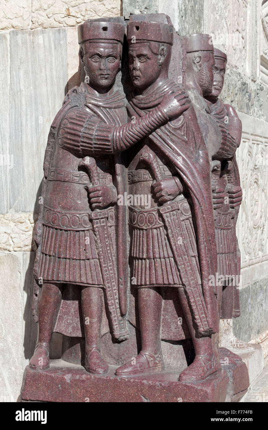 Four Tetrarch, porphyry statues, royal figures at the Porta della Carta, St. Mark&#39;s Basilica, San Marco, Venice, Veneto Stock Photo