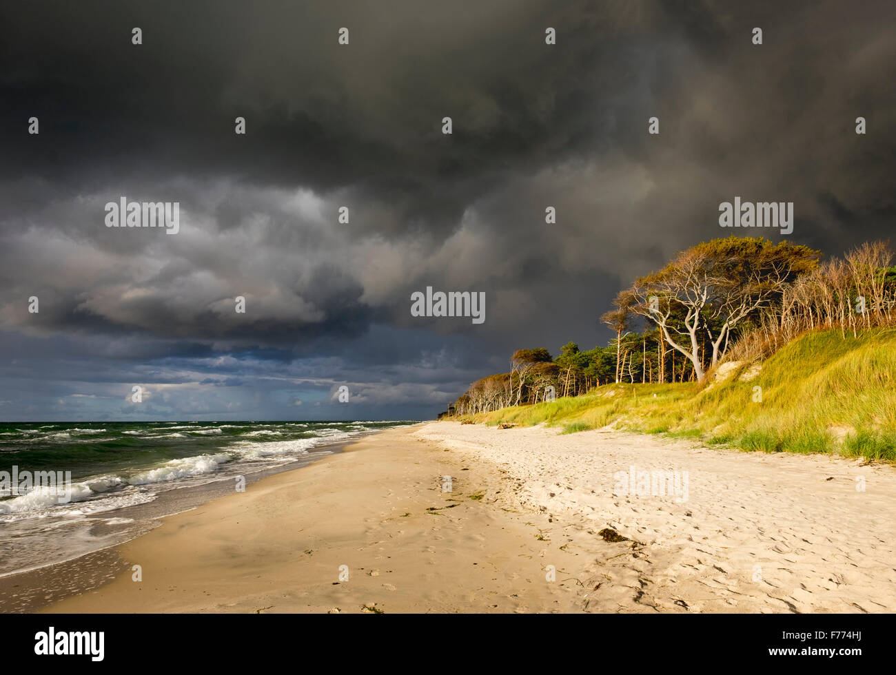 Rain clouds over the west beach on the Baltic Sea, Born at Fischland-Zingst, Western Pomerania Lagoon Area National Park Stock Photo