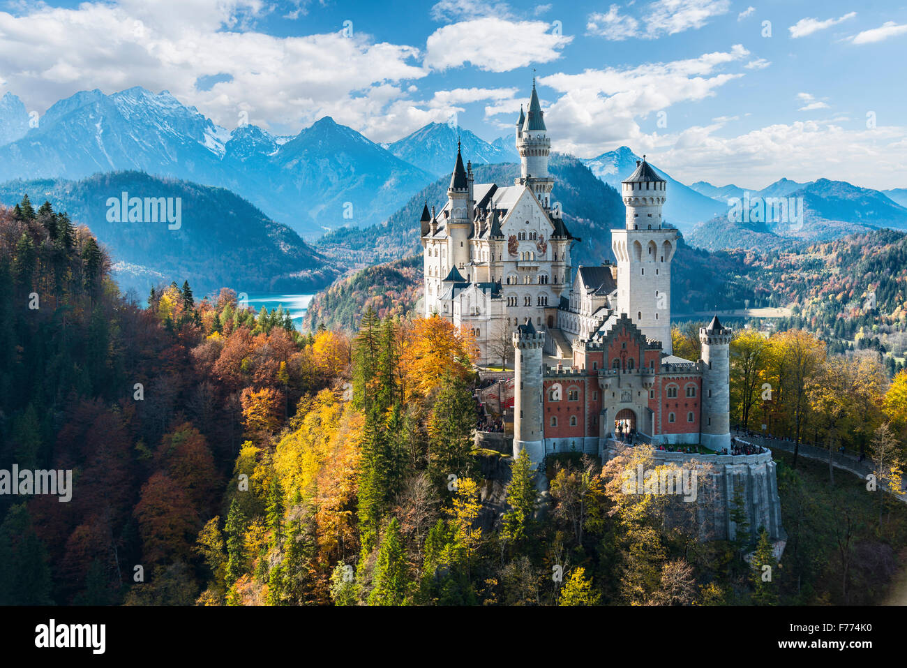 Neuschwanstein Castle in autumn, Alpsee behind, Schwangau, Ostallgäu, Allgäu, Swabia, Upper Bavaria, Bavaria, Germany Stock Photo