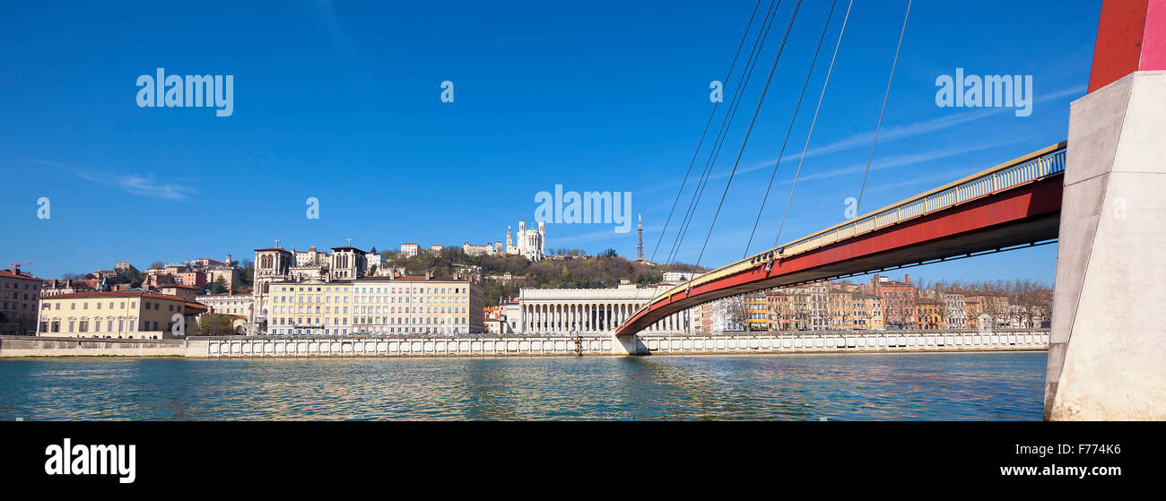 Panoramic view of Saone river at Lyon with red footbridge, France, Europe. Stock Photo
