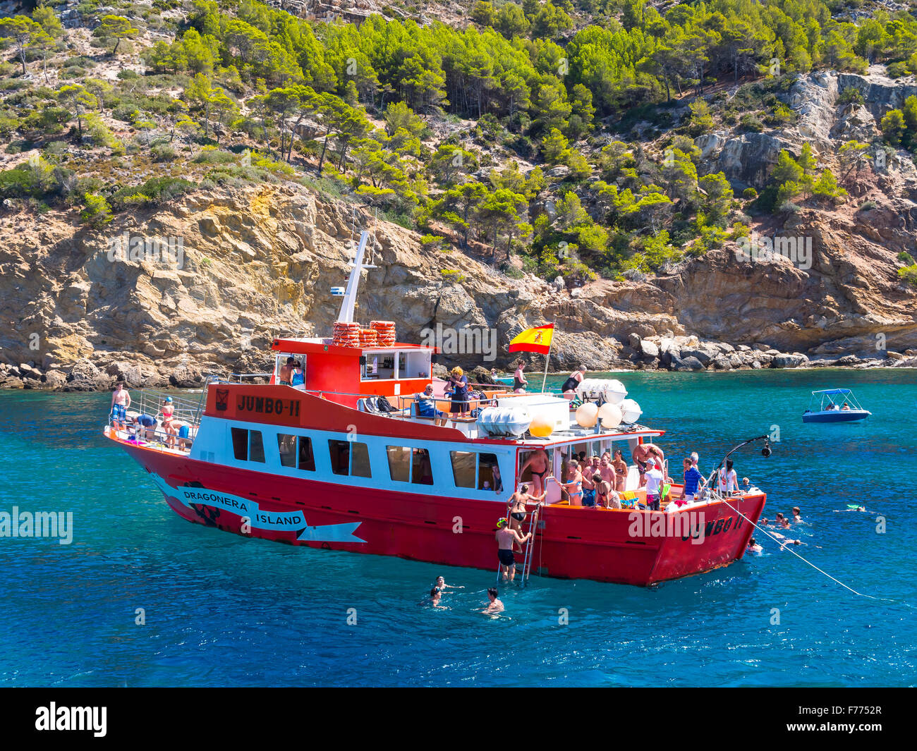 Sightseeing boat on Punta de sa Dent, Andratx, Mallorca, Balearic Islands, Spain Stock Photo