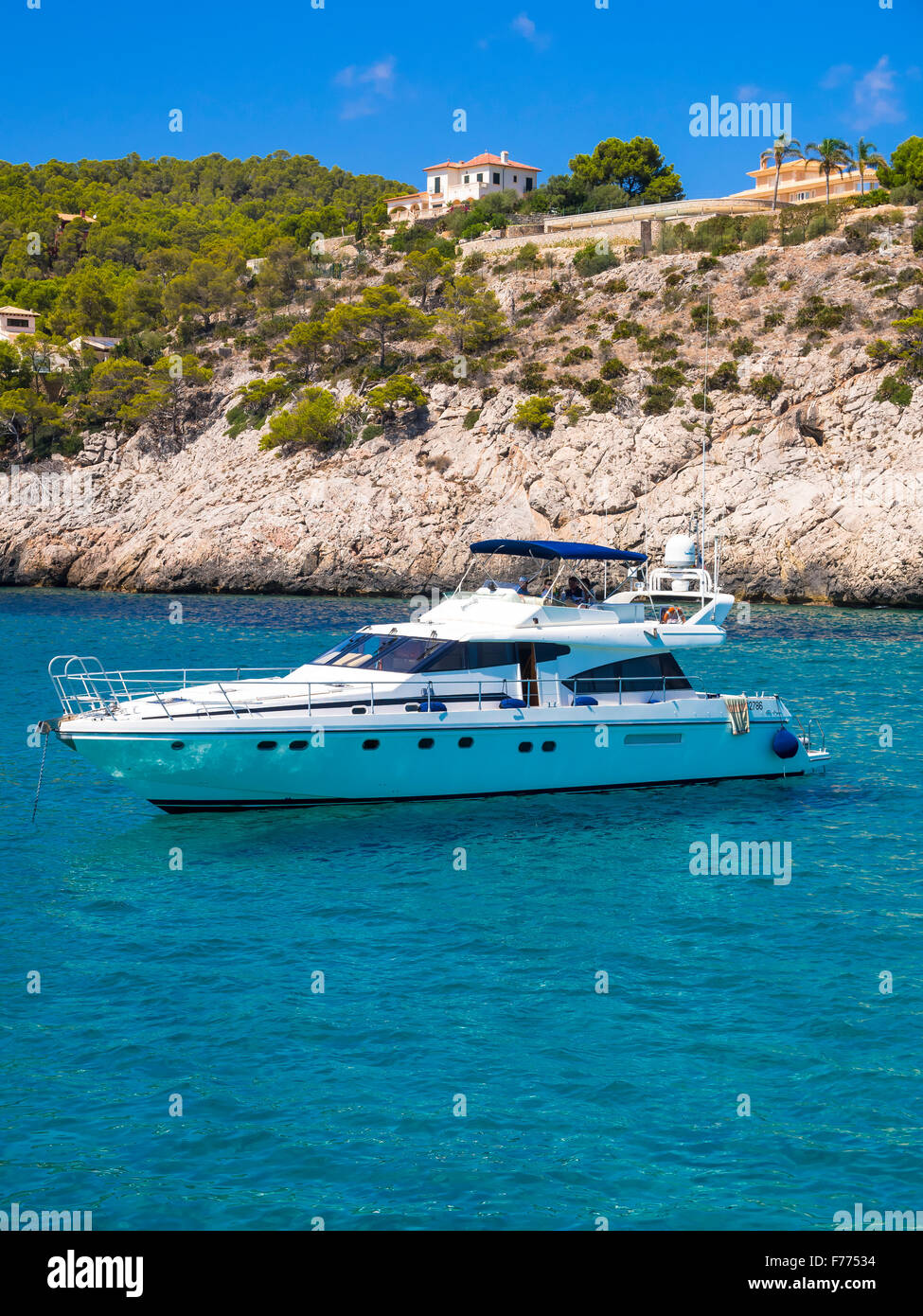 Cruiser, Cala Blanca coast, Es Camp de Mar, Mallorca, Balearic Islands, Spain Stock Photo
