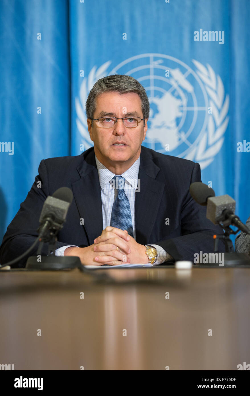 (151126) -- GENEVA, Nov. 26, 2015 (Xinhua) -- World Trade Organization (WTO) Director-General Roberto Azevedo addresses a news conference in Geneva, Switzerland, Nov. 26, 2015. Speaking ahead of the 10th WTO Ministerial Conference in Nairobi, Roberto Azevedo told press on Friday that "if anything comes out of Nairobi, we will have to fight for it and fight hard for outcomes". The first such conference held in Africa, Nairobi will host ministers from across the globe from Dec. 15 to Dec. 18, 2015. (Xinhua/Xu Jinquan) Stock Photo