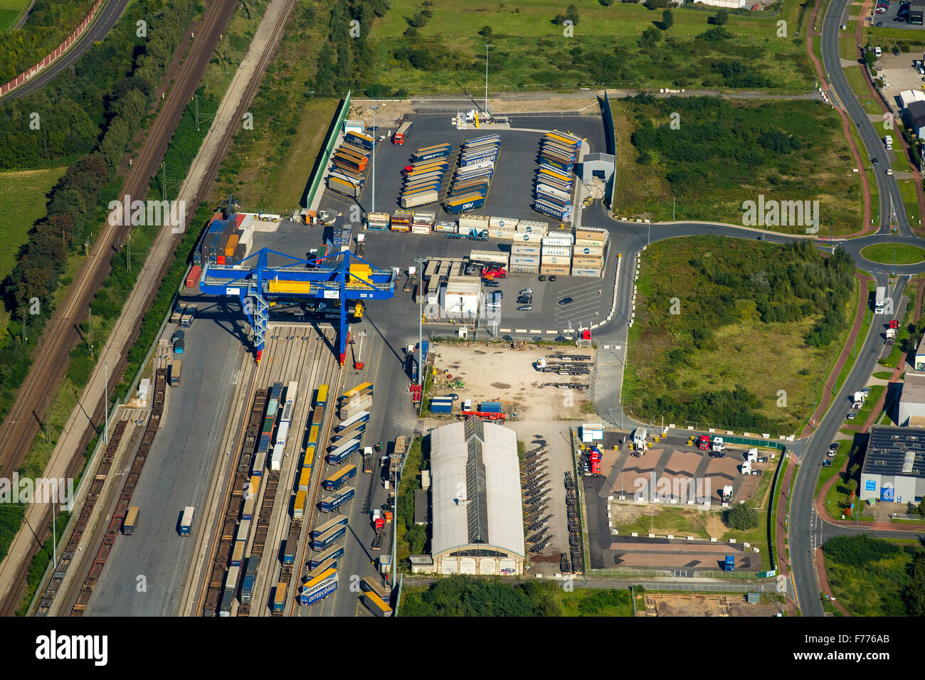 Logport III, logistics, Duisport, Rhein, Budberg, Container Terminal, transfer station, Duisburg, Ruhrgebiet Stock Photo