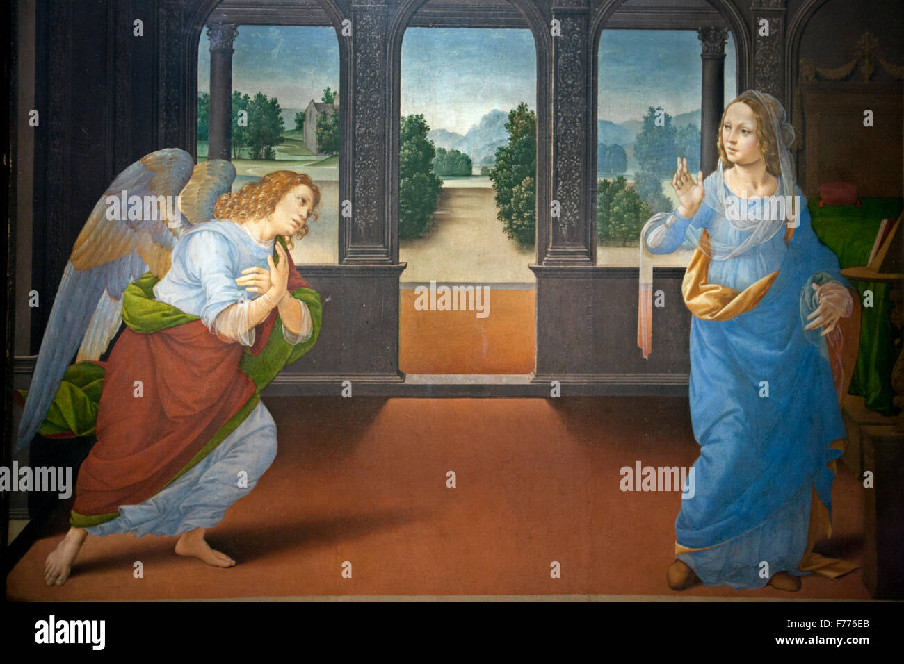 Annunciation, Angel Gabriel and Mary fresco Uffizi gallery Florence Italy Stock Photo