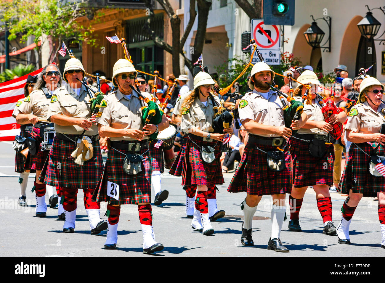 The Santa Barbara Police Dept Scottish Pipe band march down State