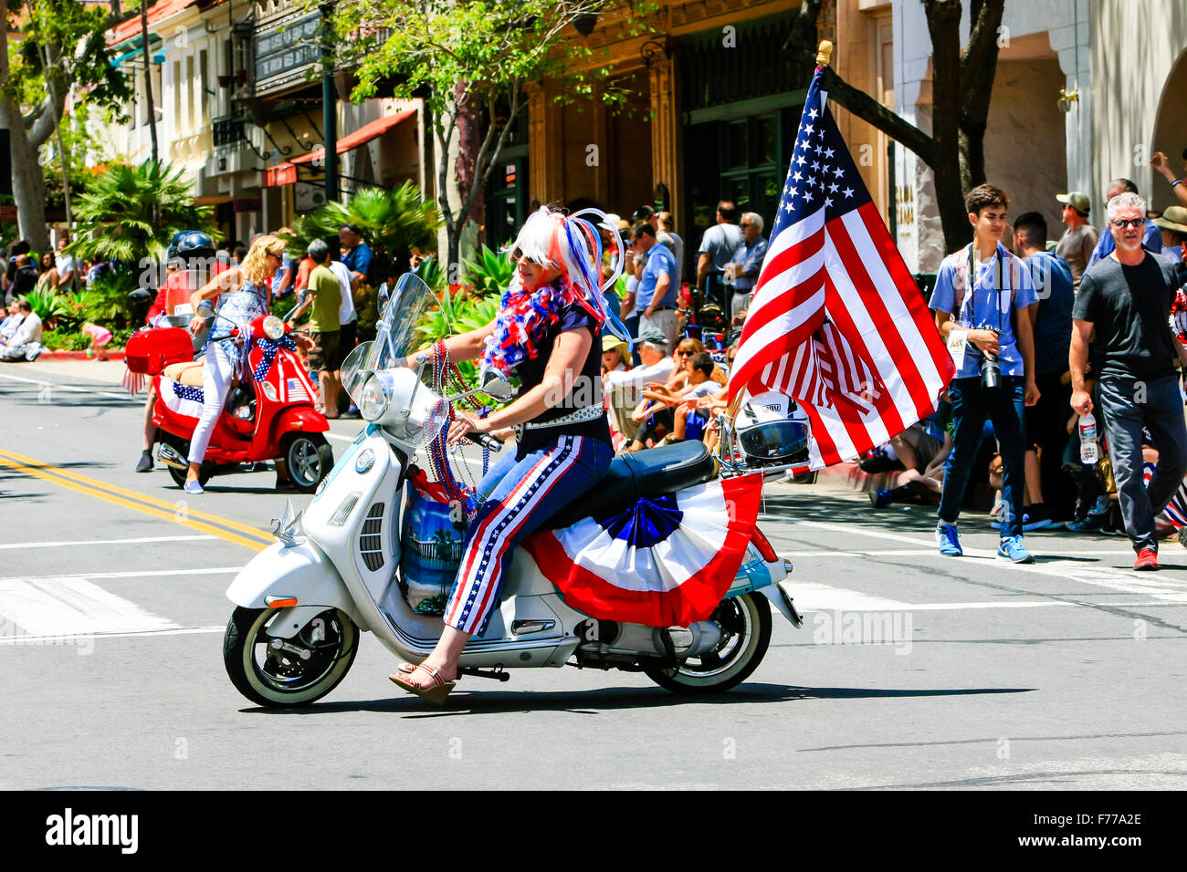 The Italian scooter group show their patriotic fever at the July 4th parade in Santa Barbara