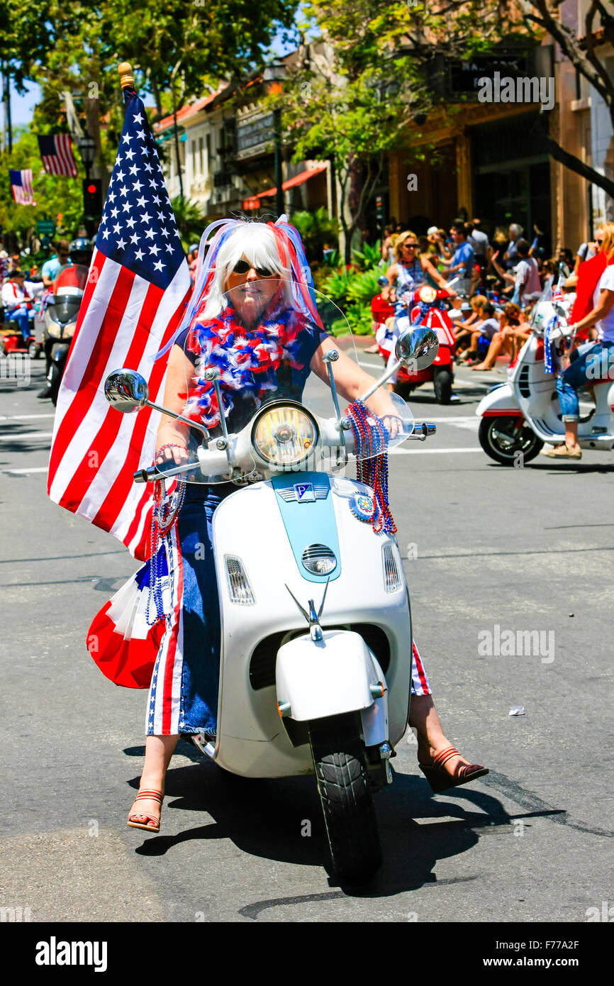 The Italian scooter group show their patriotic fever at the July 4th parade in Santa Barbara