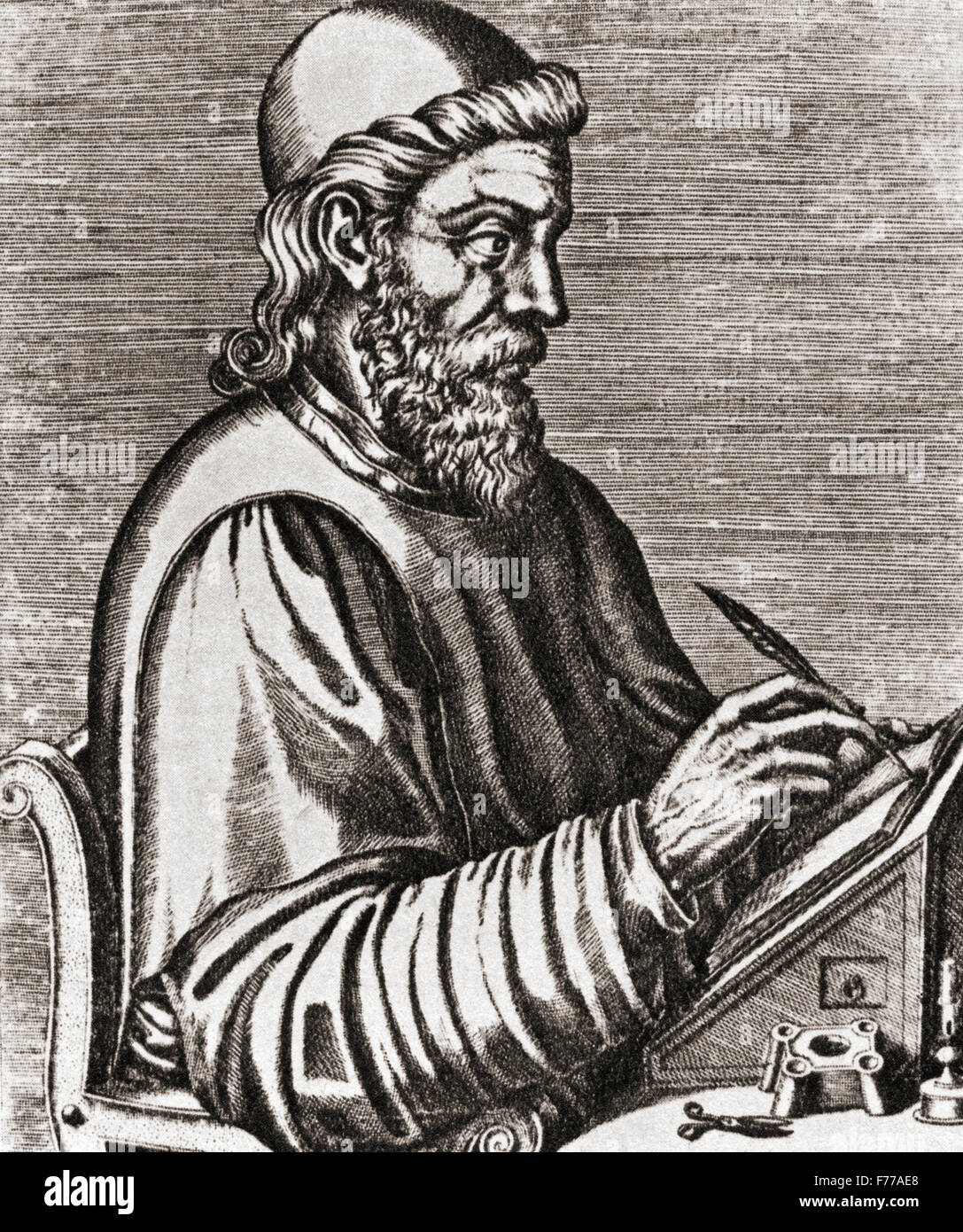 Bede, 672/673 – 735, aka Saint Bede or the Venerable Bede.  English monk. After the engraving from André Thevet's Portraits et Vies des Hommes Illustres, 1584. Stock Photo