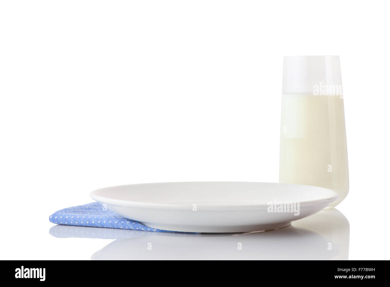 Empty white ceramic plate on blue napkin in small white polka dots and glass of milk, isolated on white background Stock Photo